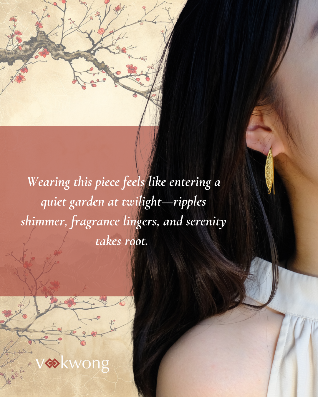 Silken Fortitude|Gilded Willow Leaf Earrings with Plum Blossom Pattern
