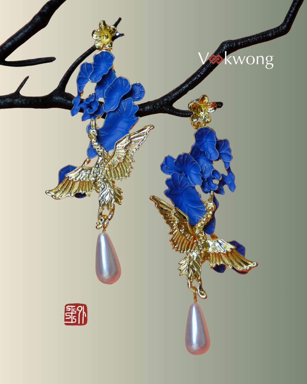 Heaven's Feather | Crane Statement Earrings with Imitation Pearls