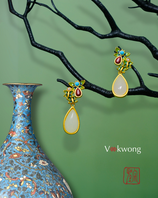 Moonlight Wings | Butterfly-Flower Enamel Jade Earrings