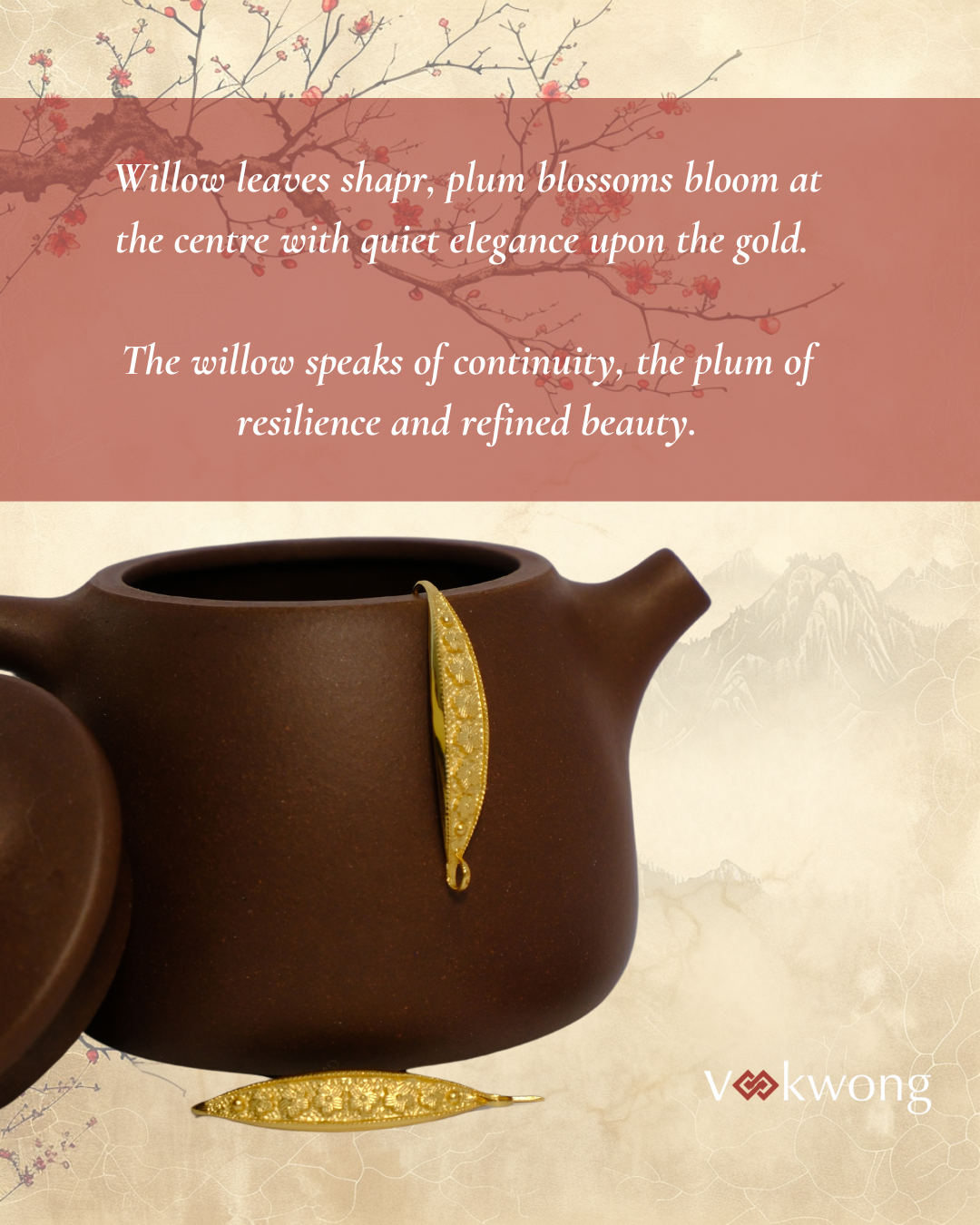 Silken Fortitude｜Gilded Willow Leaf Earrings with Plum Blossom Pattern