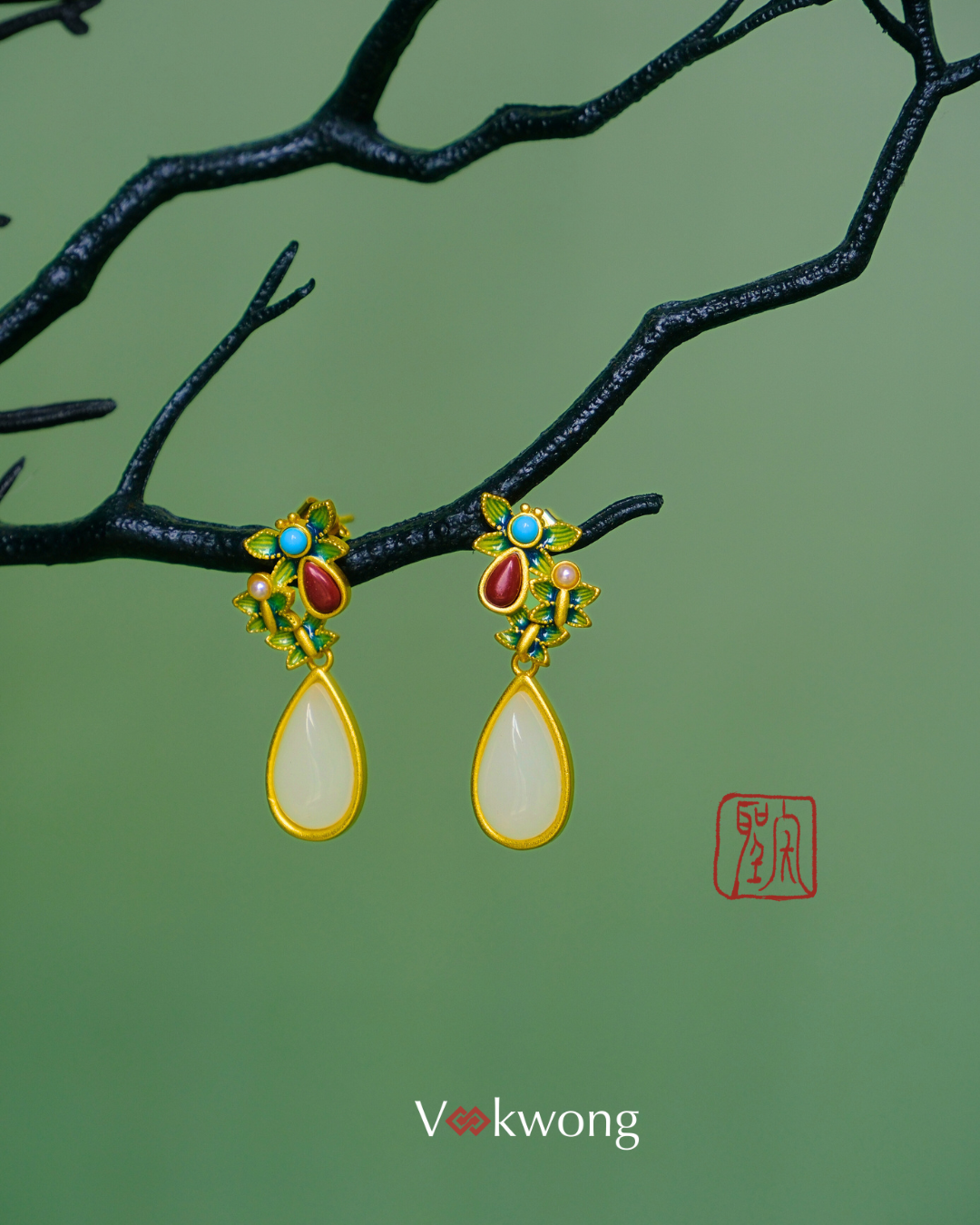 Moonlight Wings | Butterfly-Flower Enamel Jade Earrings