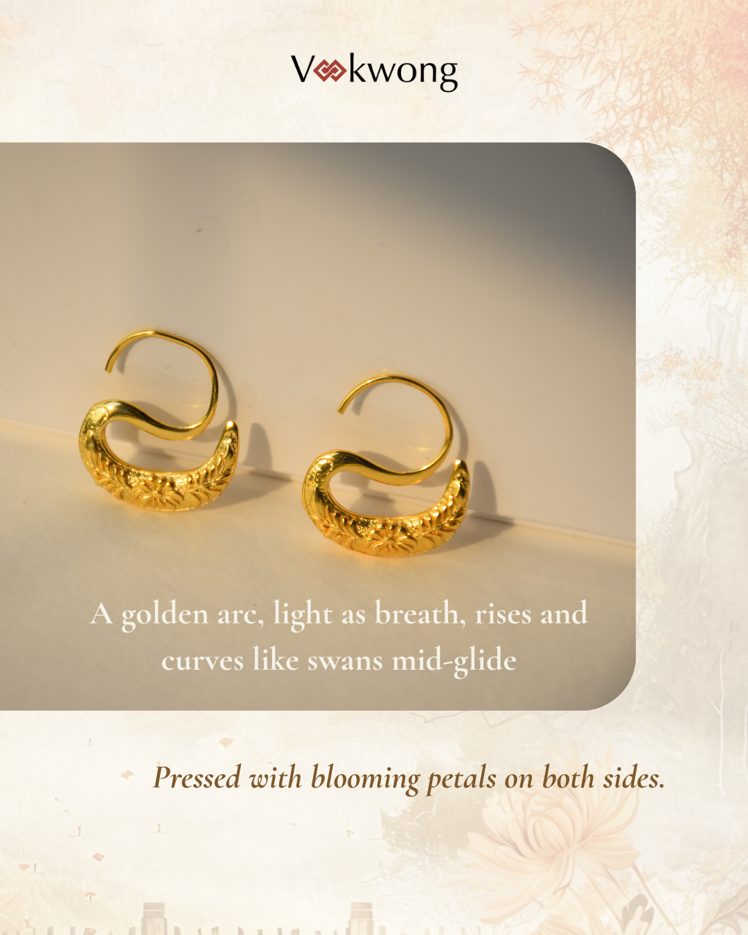 ChrysantheMoon | Gilded Crescent Earrings with Chrysanthemum Pattern