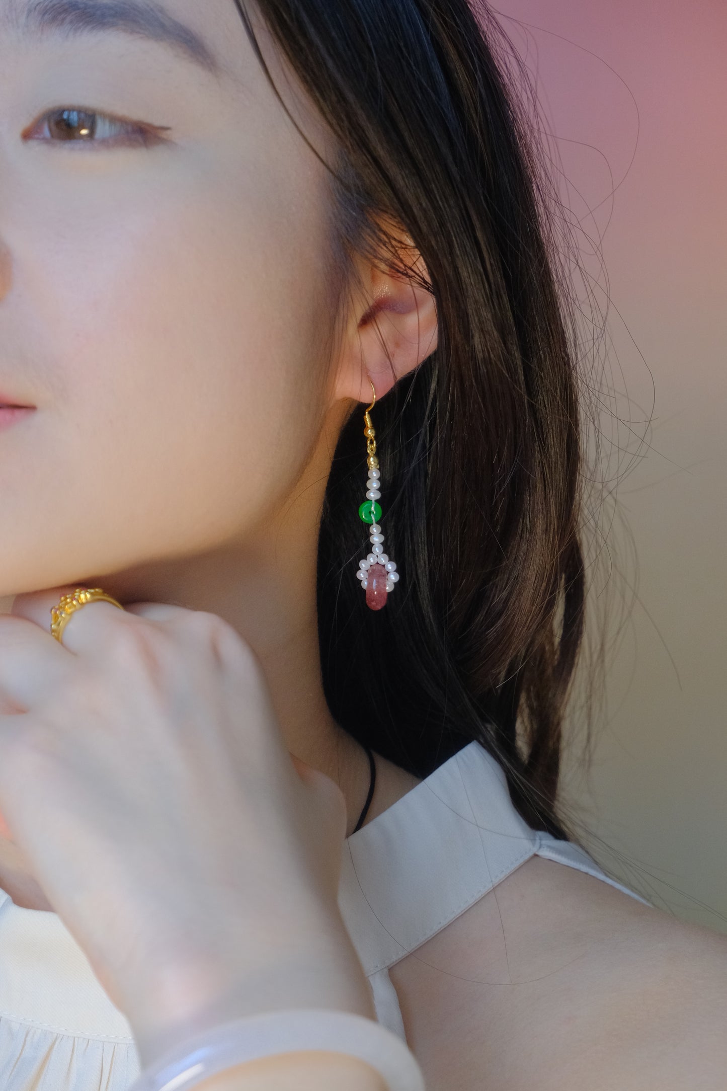 Ping'an | Dangle Earrings with Pearls, Strawberry Quartz and Jade