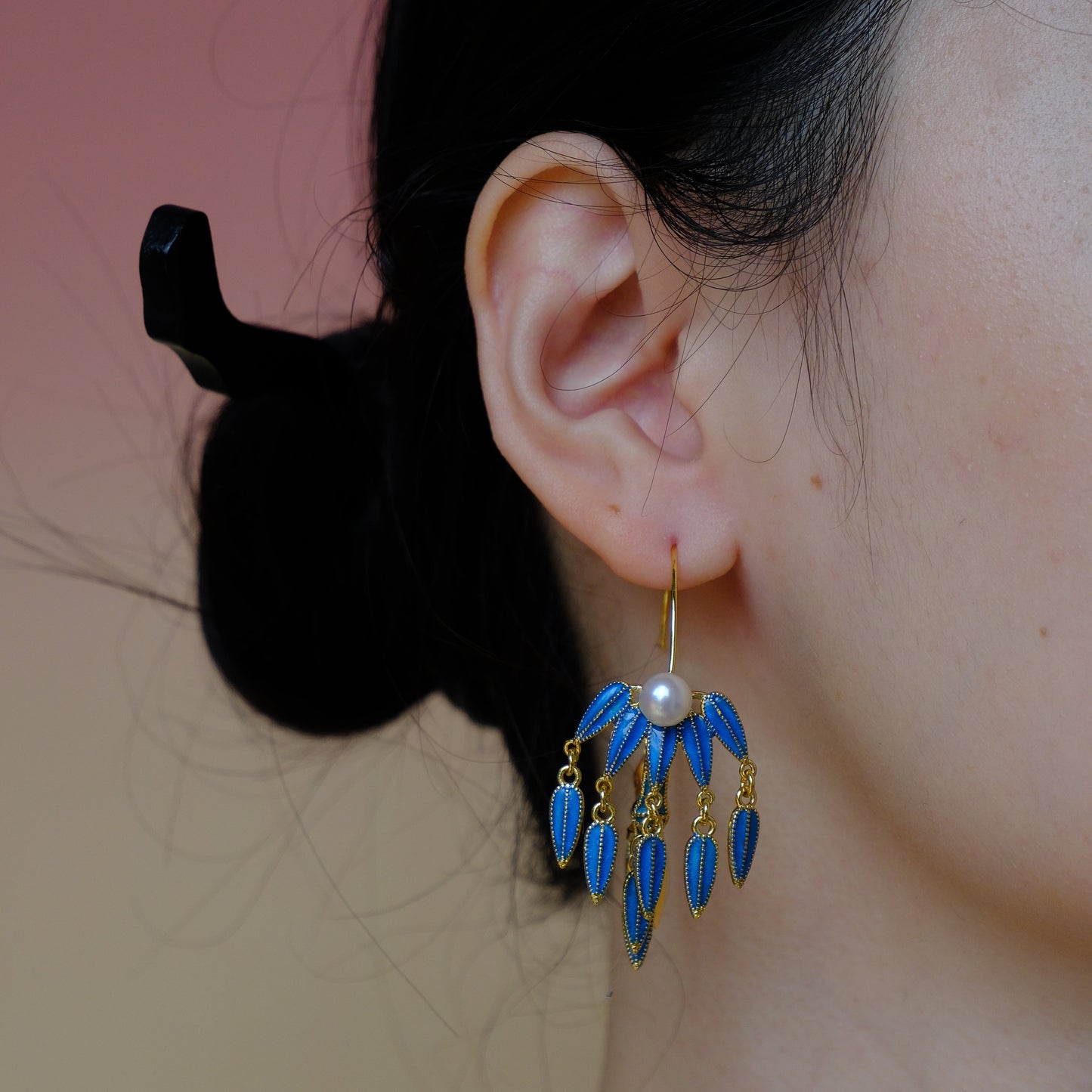 Cerulean Whisper |Gilded Bamboo Leaf Earrings with Freshwater Pearls